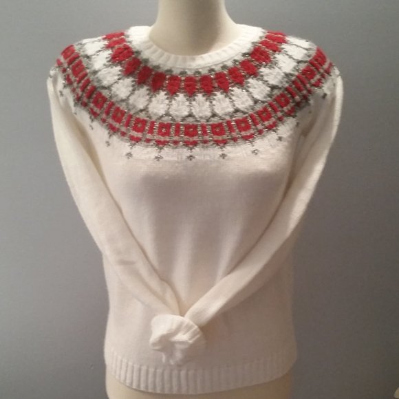 **HOST PICK** Girls White sweater with grey red and silver neck detail - Picture 1 of 3